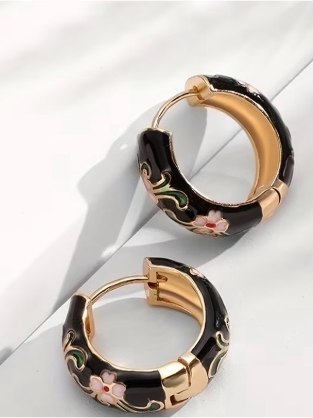 Source Unknown Black Enamel Hoop Earrings with Pink Floral Accents